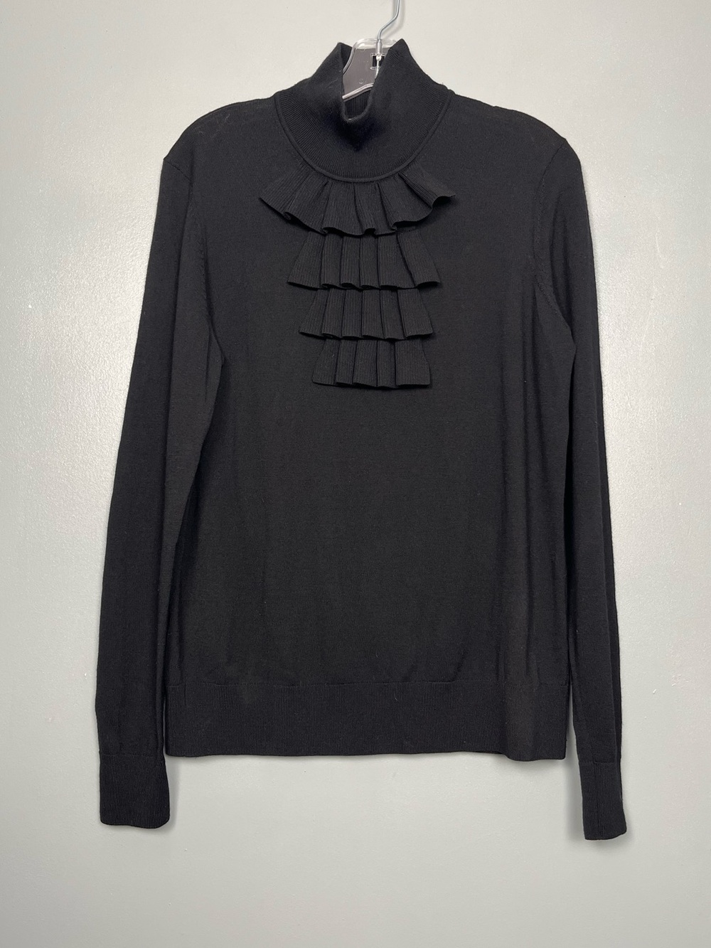 Michael Kors Merino Wool Sweater Black Mock Neck Ruffle Collar Women’s Size L